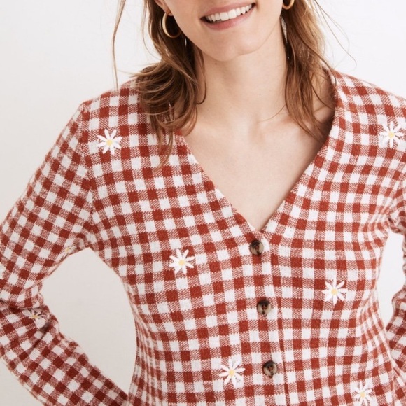 Madewell Daisy Embroidered Gingham Cardigan Sweater - Picture 1 of 5